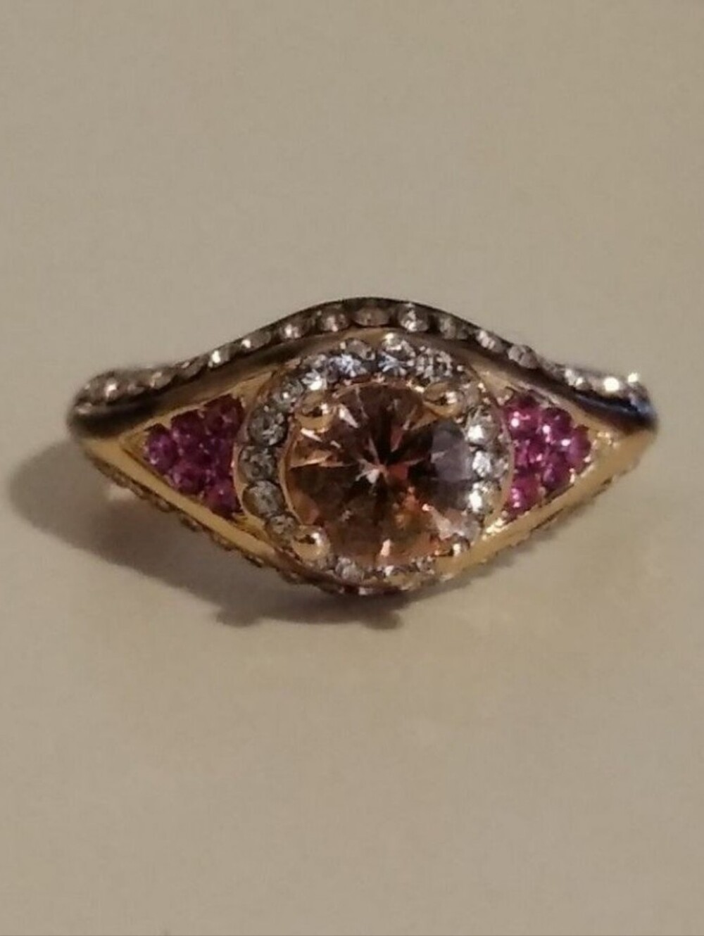 Vintage 14k Gold Over Silver Round Morganite Pink Tourmaline Accent Ring sz 6 - Picture 2 of 12
